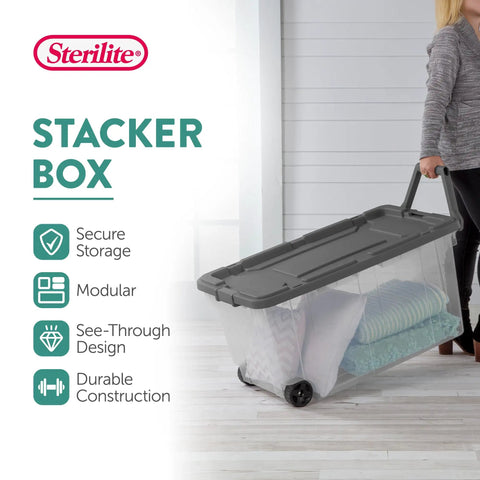 4 Pack Modular Stacker Box Set Of Durable Clear Plastic Storage Bins With Latching Lids 160 Quart Capacity in use with heavy items