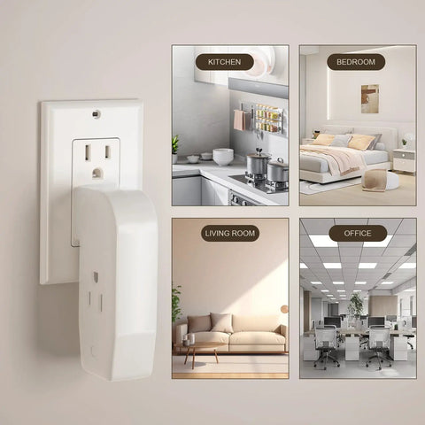 Triple Outlet Wall Tap Adapter With 3 Prong Plug For Behind Furniture, Right Angle Grounded Power Splitter shown in various rooms.