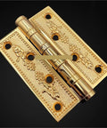 Heavy Duty Solid Brass Door Hinges With Smooth As Butter Swinging Ball Bearings And Rock Solid Construction Plus Mounting Screws For Top Notch Wood Doors And Thick Gates In Rich Gold Tone, showing detailed design.