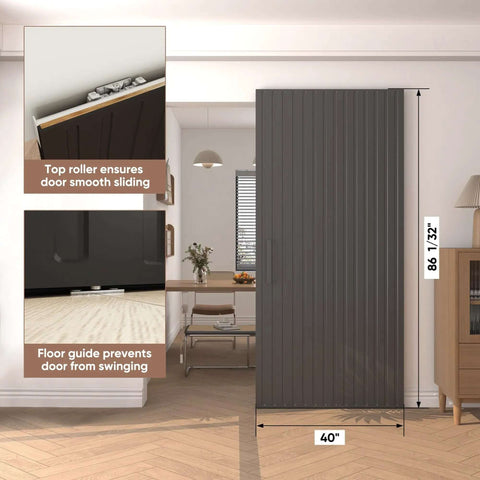Concealed Sliding Barn Door With Soft Close Hardware Kit Black Hidden Door 40x86 inches installed, showing top roller and floor guide.