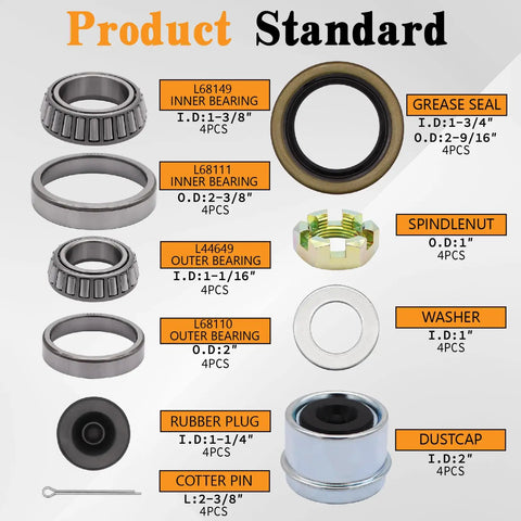 4 Set Boat Trailer Bearing Kit For 3500Lb EZ Lube Axles With L68149 And L44649 Bearings Seals Dust Covers Cotter Pins