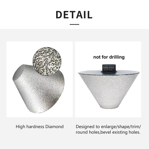 Pro Grade Diamond Beveling Chamfer Bits for Porcelain Tile and Stone Enlarge Existing Holes to 3-1/4 Inch Diameter 82mm, showing texture and shank