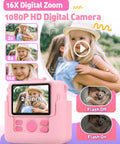 Kids Instant Print Camera Awesome Toy, 1080P HD Digital Camera For Girls Ages 3-8, 8MP Photos And Instant Black And White Prints, Easy Beginner Camera For Creative Play And School Projects. Pink 2.4-inch plastic camera with 16x zoom, flash on/off.