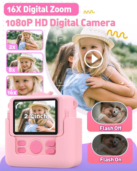 Kids Instant Print Camera Awesome Toy, 1080P HD Digital Camera For Girls Ages 3-8, 8MP Photos And Instant Black And White Prints, Easy Beginner Camera For Creative Play And School Projects. Pink 2.4-inch plastic camera with 16x zoom, flash on/off.
