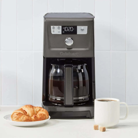 14 Cup PerfecTemp Programmable Coffee Maker With Glass Carafe And 1 4 Cup Setting Brew Strength Control Brew Pause And Over Ice Function In Black Stainless Steel on kitchen counter with cup of coffee
