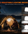 Camping scene with couple in tent using Magnetic Tent Light With 2000mAh Battery, LED Camping Lantern, showing 3 adjustable modes