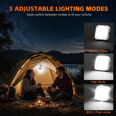 Camping scene with couple in tent using Magnetic Tent Light With 2000mAh Battery, LED Camping Lantern, showing 3 adjustable modes