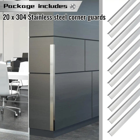 Premium 304 Stainless Steel Corner Guards Rock Solid Wall Edge Protectors on a modern cabinet corner in office setting.
