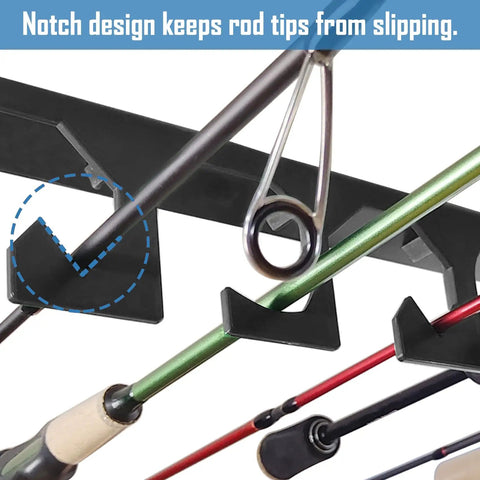 Close-up of Horizontal Fishing Rod Holder For Garage Wall Or Ceiling Mount Holds Up To 6 Rods Or Combos Staggered Design Rack