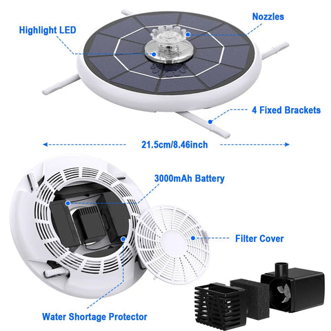 Solar Powered Bird Bath Fountain With Six Point Five Watt Solar Panel And 3000mAh Battery highlighting nozzles and anti drift brackets.