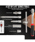 Three Eighths Inch Drive Socket Ratchet Set, 32 Piece Auto Tools Kit in Portable Case, featuring slide bar and socket ratchet.