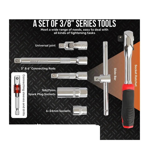 Three Eighths Inch Drive Socket Ratchet Set, 32 Piece Auto Tools Kit in Portable Case, featuring slide bar and socket ratchet.