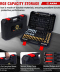 Front view of AKM 61-piece thread restorer kit in black case with red latches; UNC/UNF and metric thread chasers with gauge.