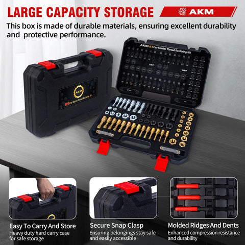 Front view of AKM 61-piece thread restorer kit in black case with red latches; UNC/UNF and metric thread chasers with gauge.