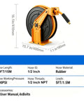 Heavy Duty Retractable Air Hose Reel With A Tough As Nails 50 Ft Epdm Rubber Hose No Sweat Auto Rewind, side view with dimensions.