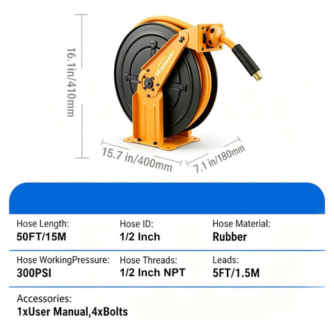 Heavy Duty Retractable Air Hose Reel With A Tough As Nails 50 Ft Epdm Rubber Hose No Sweat Auto Rewind, side view with dimensions.