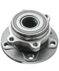 All In One Front And Rear Wheel Bearing Hub Assembly Kit For VW Beetle CC Golf Eos GTI Jetta Passat Tiguan And Audi TT Q3 With ABS Precision Fit 32mm Bearings 4 Bolt Flange ABS Compatible Direct Replacement For A Wide Range Of VW And Audi Models close-up view of metal hub component with visible bearings and bolt holes.