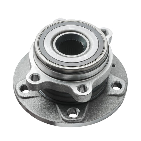 All In One Front And Rear Wheel Bearing Hub Assembly Kit For VW Beetle CC Golf Eos GTI Jetta Passat Tiguan And Audi TT Q3 With ABS Precision Fit 32mm Bearings 4 Bolt Flange ABS Compatible Direct Replacement For A Wide Range Of VW And Audi Models close-up view of metal hub component with visible bearings and bolt holes.