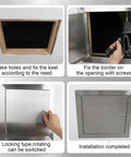 Tough As Nails 8 X 8 Inch Stainless Steel Access Panel With No Sweat Screwdriver Latch installation process showing key steps.