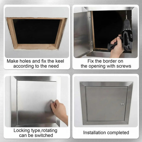 Tough As Nails 8 X 8 Inch Stainless Steel Access Panel With No Sweat Screwdriver Latch installation process showing key steps.