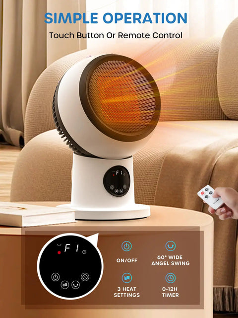 15 Inch Compact Modern Heater And Fan 2 In 1 Remote 1500W PTC Ceramic Space Heater with remote in living room setting