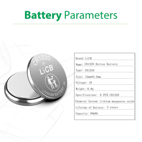 Premium CR1220 3 Volt Lithium Button Coin Cell Battery High Capacity Grade A Cells for electronics, 12mm size, 3V voltage.