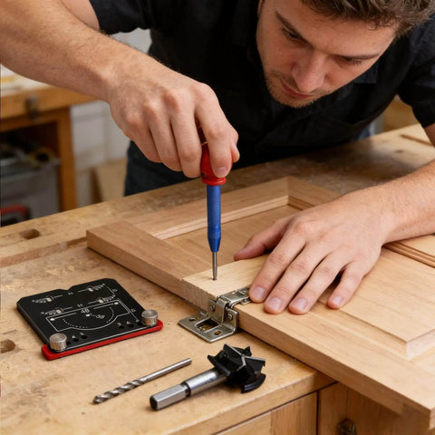 Person using Precision Cabinet Locator Kit For Door Hinge Alignment With Pro Adjustable Template Jig on wooden cabinet door