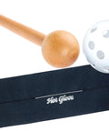 Glove Break In Kit With Mallet And Wrap Bundle 3 Piece Set Black showing wood mallet, perforated ball, and black glove wrap on white background