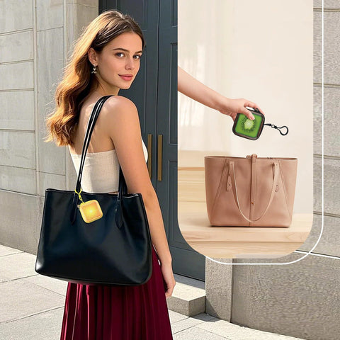Two-piece lens-wipes carrying case set; includes small green kiwi-style case shown with a beige tote.