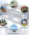 Aluminum Folding Camp Table With Built In Storage Compartment, showcasing uses for camping, picnics, and parties. Color: Black.