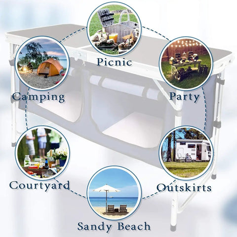 Aluminum Folding Camp Table With Built In Storage Compartment, showcasing uses for camping, picnics, and parties. Color: Black.