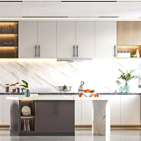 Modern kitchen setting showcasing Tough As Nails Matte Black 5 Inch Kitchen Cabinet Pulls Solid Zinc for stylish decor.