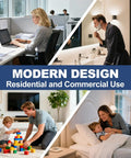 Collage showcasing diverse uses of spaces: office, bathroom, living room, and bedroom under 'Modern Design Residential and Commercial Use' text.