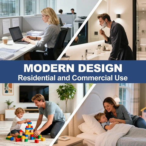 Collage showcasing diverse uses of spaces: office, bathroom, living room, and bedroom under 'Modern Design Residential and Commercial Use' text.