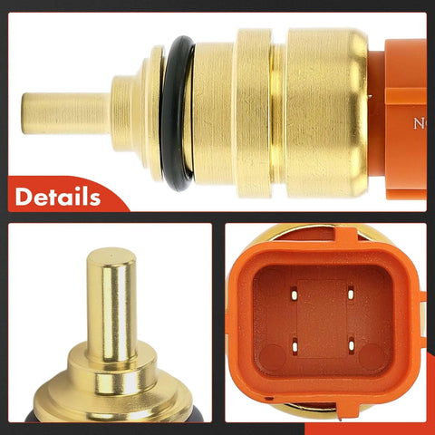 A-Premium brass engine coolant temperature sensor with black O-ring and orange 4-pin connector (front/side views).