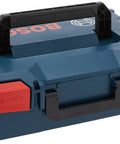 L BOXX 2 Stackable Tool Storage Case with one-click stacking, side and top handles, lockable clips, shown in blue and red