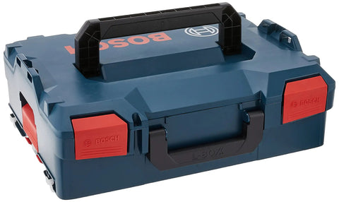 L BOXX 2 Stackable Tool Storage Case with one-click stacking, side and top handles, lockable clips, shown in blue and red