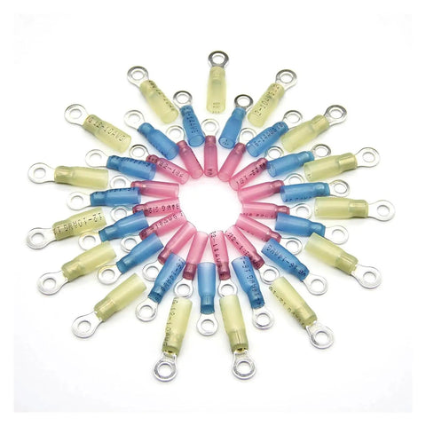 Grab these Awesome 120 Piece M5 Heat Shrink Ring Eyelet Connectors For Your Electrical Wire Splicing Jobs With Butt Connector Crimp Terminals That Fit 22 To 10 AWG Cables Perfectly For Any DIY Home Garage Project You Just Gotta Get This Solid Kit., assorted heat shrink ring eyelet connectors, M5, 22-10 AWG, nylon insulated