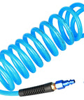 Heavy Duty Knockout Workhorse Polyurethane Air Hose One Quarter Inch By Ten Feet Compressor Tubing With Quick Connect Coupler Ball Swivel in blue coiled design