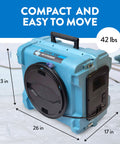700 CFM HEPA Air Scrubber For Large Rooms With Optional Activated Carbon Filter shown with dimensions and weight