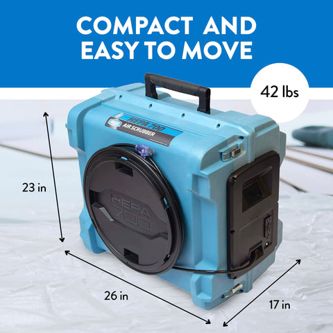 700 CFM HEPA Air Scrubber For Large Rooms With Optional Activated Carbon Filter shown with dimensions and weight