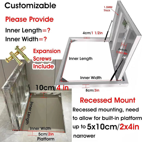 Heavy Duty Steel Seamless Floor Hatch With Dual Hydraulic Smooth Pop Up Struts For Recessed Basement Access Panel And Cellar Door Entry 58 By 29 Inch showing customizable options and dimensions.