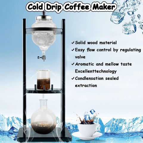 Top Shelf Ice Drip Cold Brew Coffee Maker With Slow Drip Tower And Handmade Glass Pine Wood Frame Pulls 5 To 8 Cups creamy chilled coffee placed on a solid wood frame.