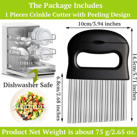 Front view of Suuker crinkle cutter with stainless steel wavy blade and black handle; 2-in-1 potato slicer, dishwasher safe