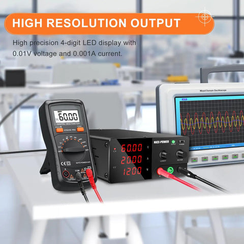 High Power DC Bench Power Supply 0-60V 0-20A 1200W With Encoder Knob And Output Switch Adjustable Regulated For Repair And Test Benchtop Power Source Black with 4-digit LED display