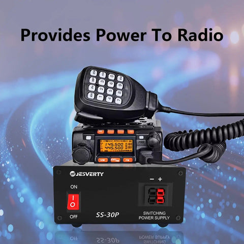 DC Regulated Bench Power Supply 13.8V 30A Compact Universal with USB and Type C Quick Charge powering a HAM radio