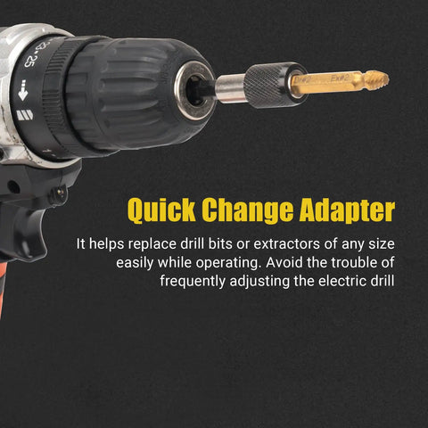 Close-up of drill with titanium-gold plated extractor from 10 Pc HSS 6542 Screw Extractor Remover Kit for Stripped Rusty and Broken Hardware
