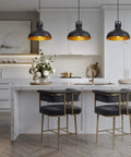 Black Farmhouse Pendant Lights Matte Finish Industrial Vintage Dome hanging over a kitchen island with white cabinets and black stools.