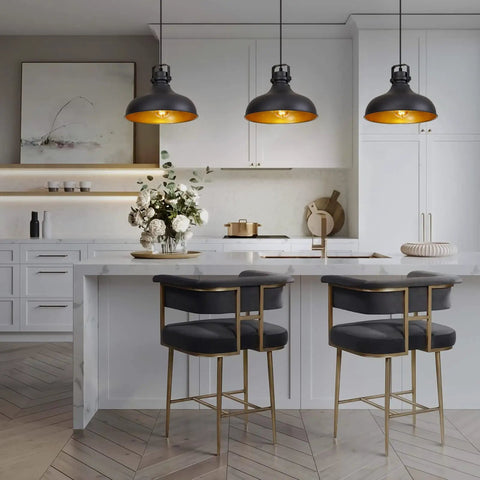 Black Farmhouse Pendant Lights Matte Finish Industrial Vintage Dome hanging over a kitchen island with white cabinets and black stools.