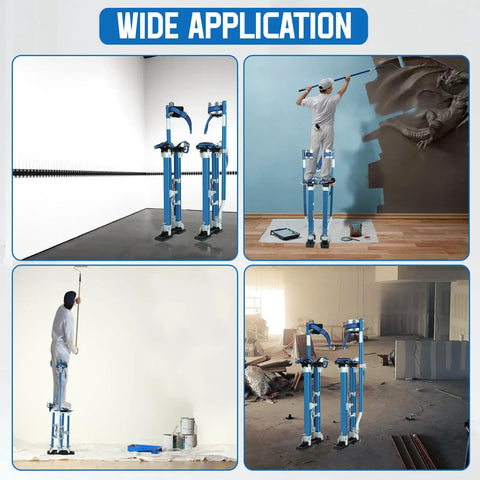 Adjustable 24 To 40 Inch Aluminum Drywall Stilts For Painting, Taping, Or Cleaning - Pro Grade Lightweight Stilts With Rubber Base, Supports Up To 225 Lbs, Blue in use across different settings.